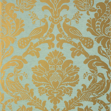 Thibaut Passaro Damask Metallic Gold On Aqua Wallpaper