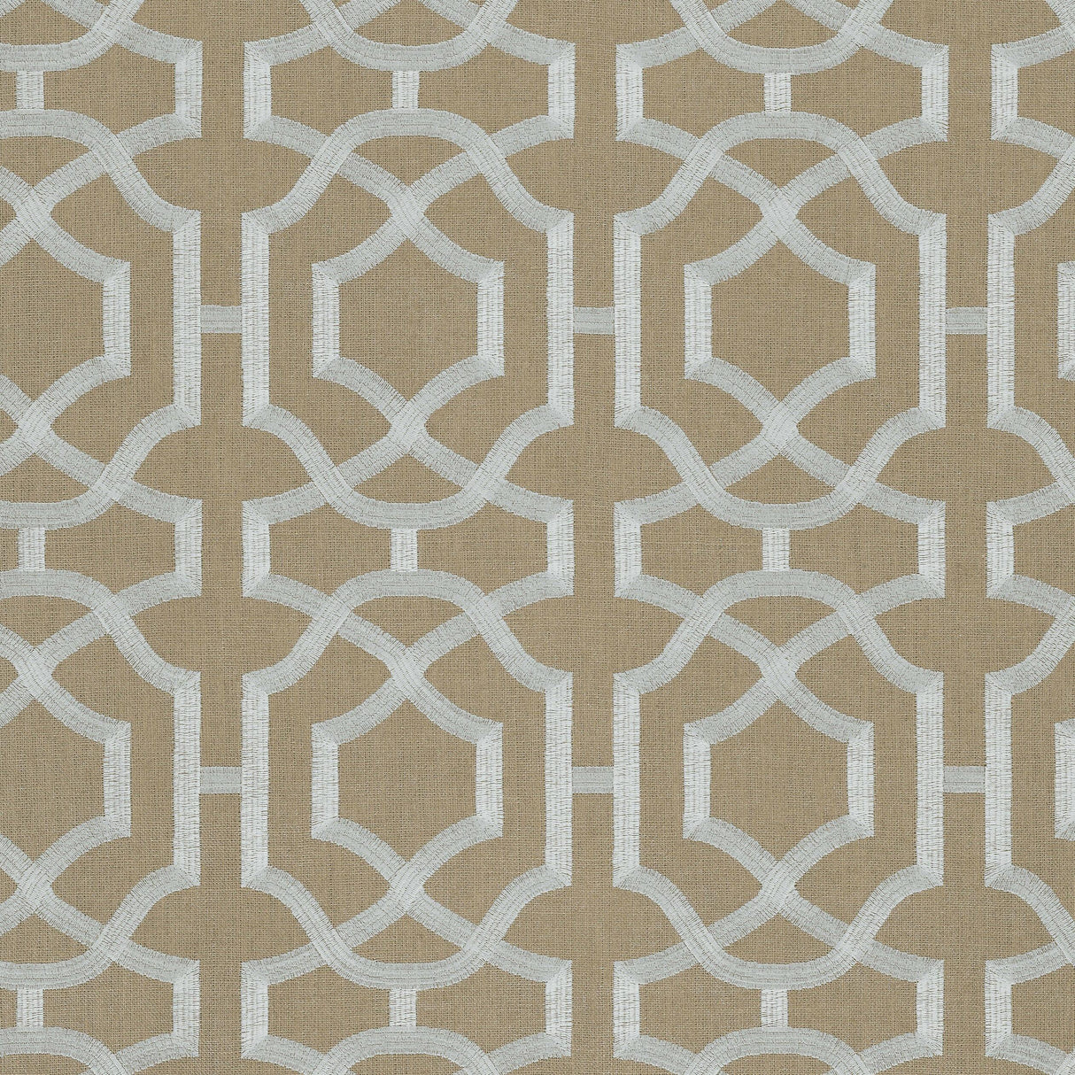 Thibaut Alston Trellis Embroidery Grey On Natural Fabric