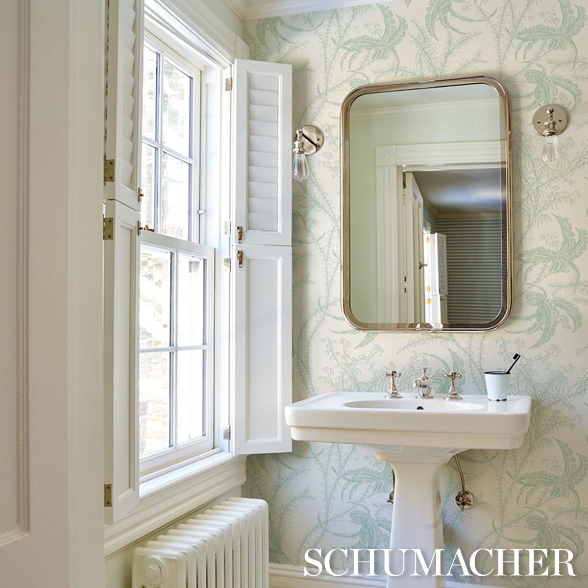 Schumacher Ocean Toile Eucalyptus On Linen Wallpaper
