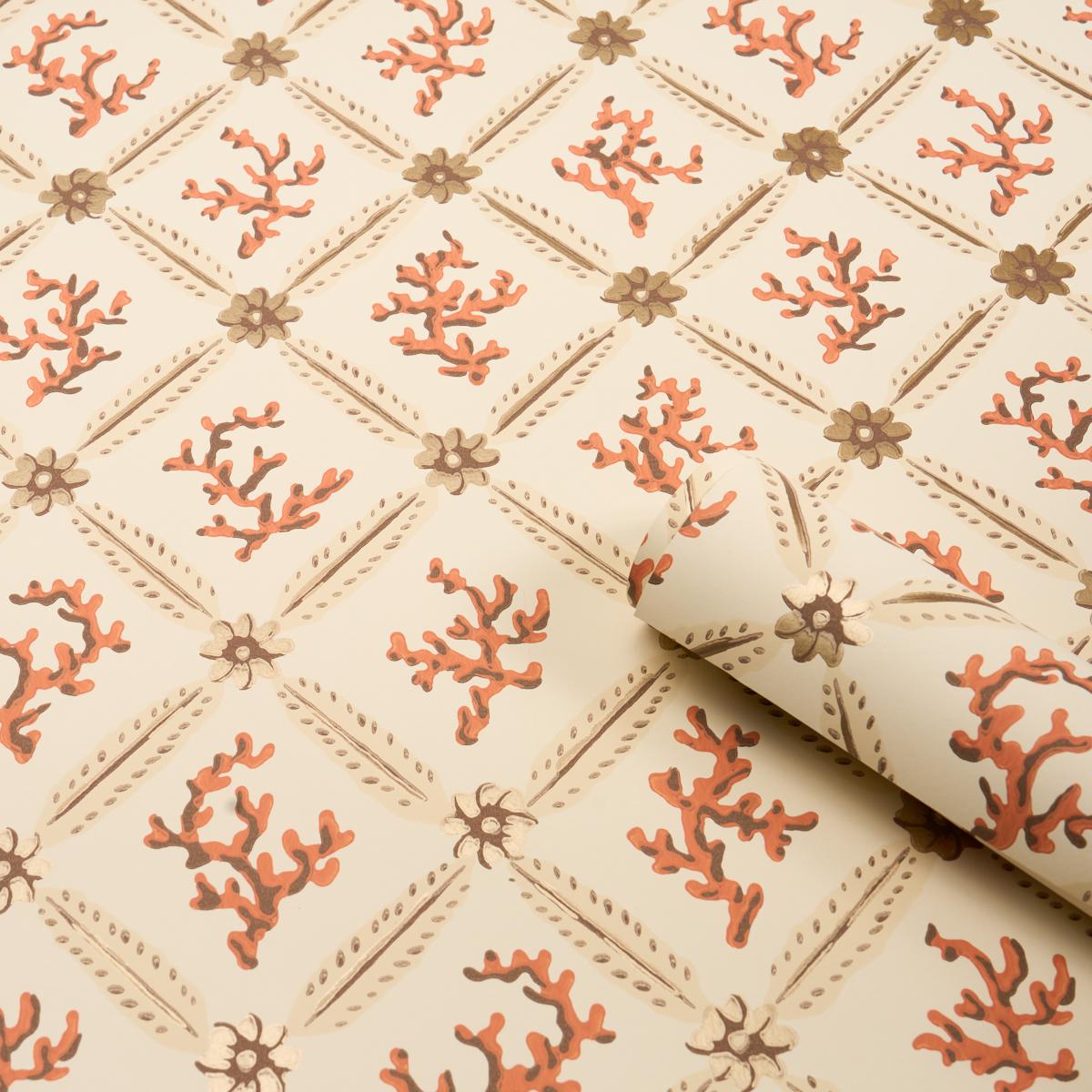 Schumacher Corail Leaf Trellis Coral Wallpaper
