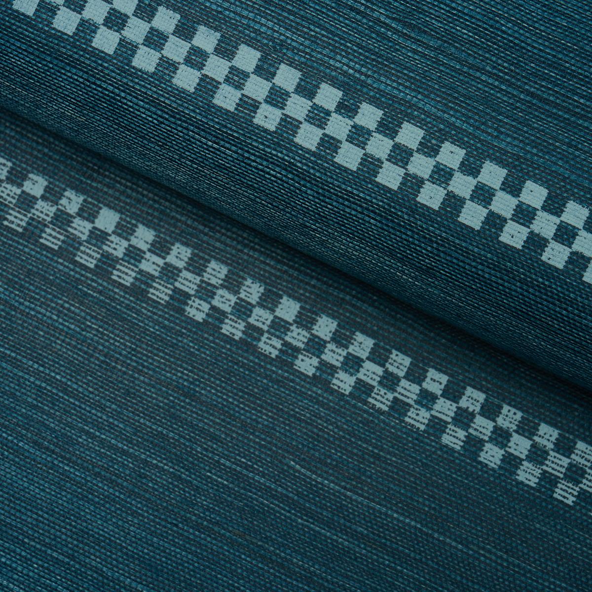 Schumacher Checkered Stripe Sisal Peacock Wallpaper