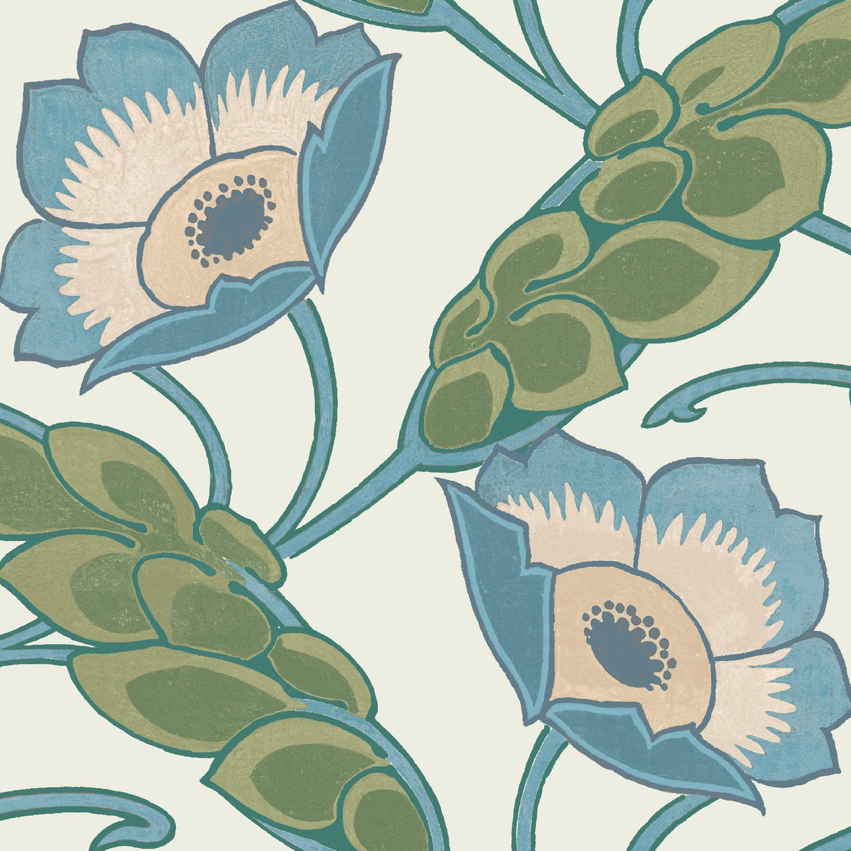 JF Fabrics 8252 Cream/Green/Blue/Teal (66) Wallpaper