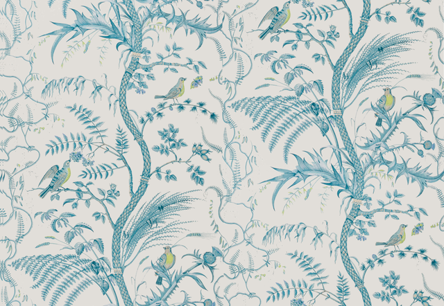 Brunschwig & Fils BIRD AND THISTLE AQUA Wallpaper