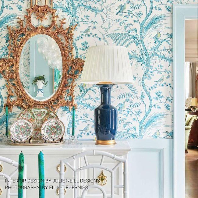 Brunschwig & Fils BIRD AND THISTLE AQUA Wallpaper