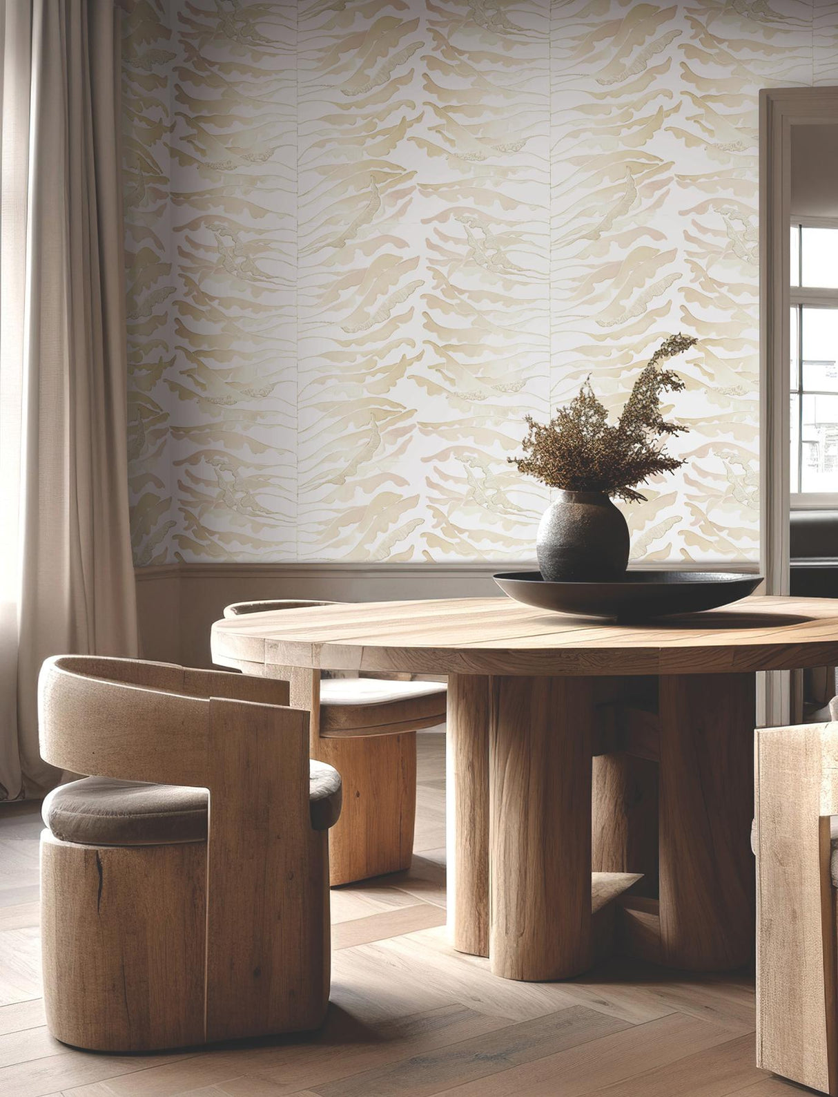 York Leaf Column Beige Wallpaper