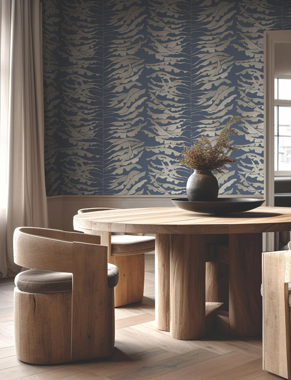 York Leaf Column Blue Wallpaper