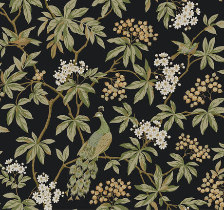 York Peacock Estate Black Wallpaper