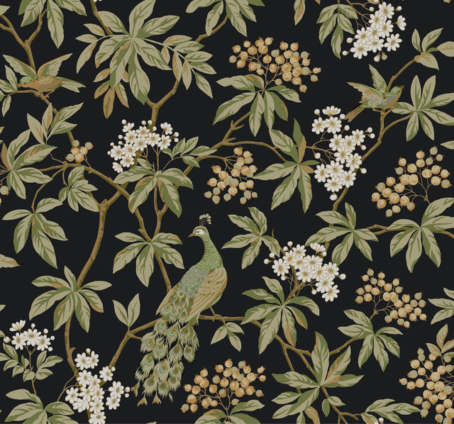 York Peacock Estate Black Wallpaper