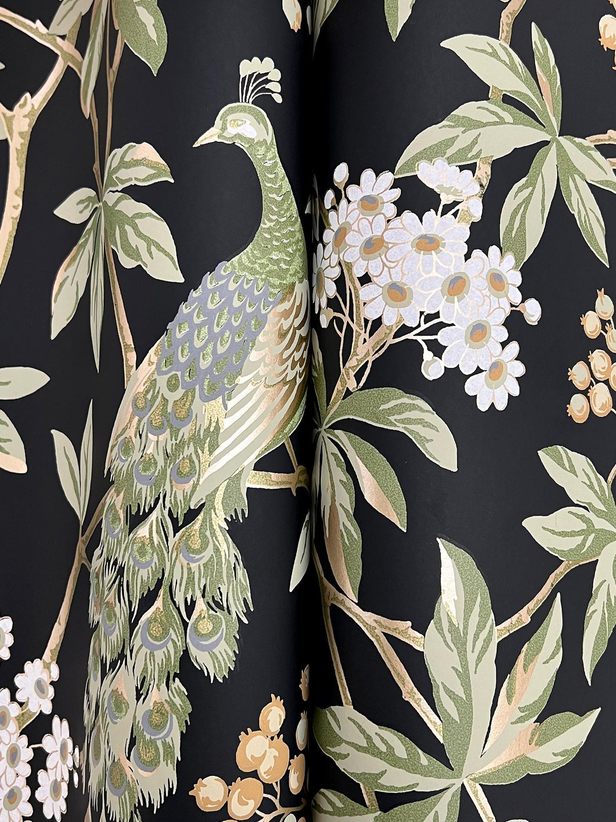 York Peacock Estate Black Wallpaper