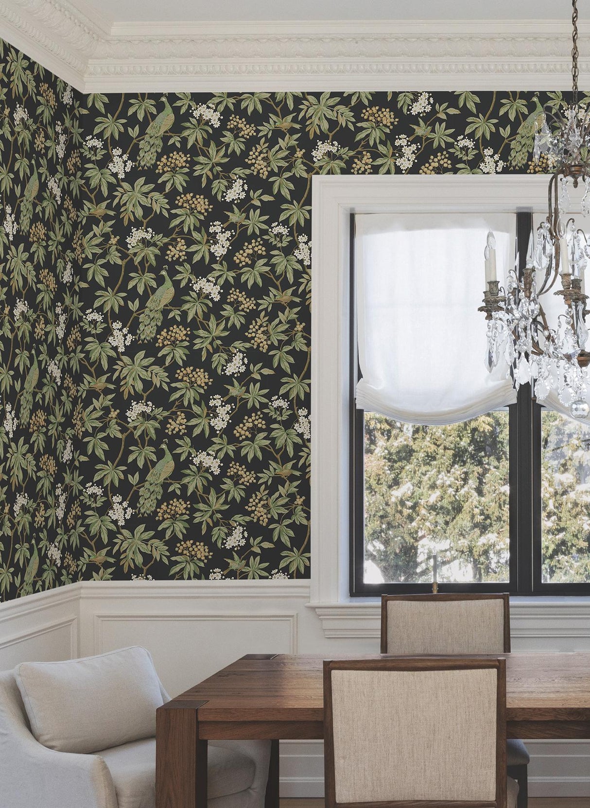 York Peacock Estate Black Wallpaper