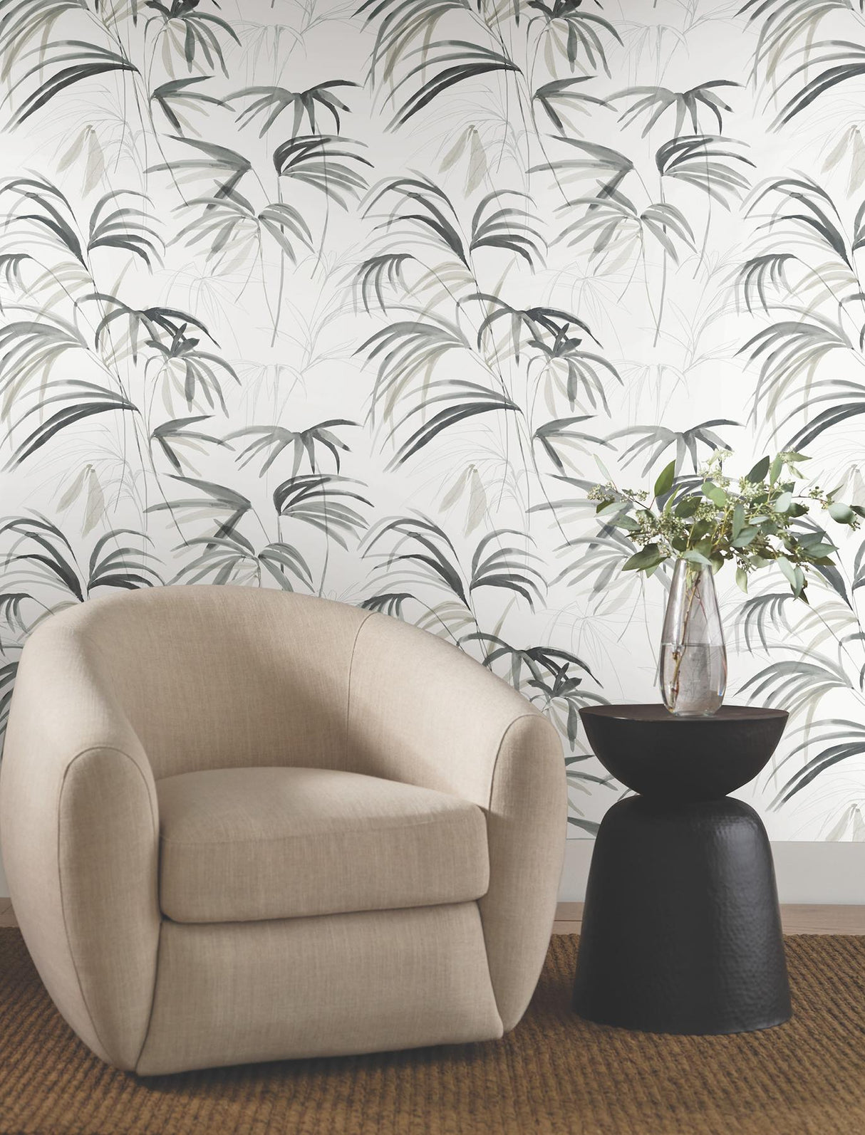 Candice Olson Inky Black Palms Black Wallpaper