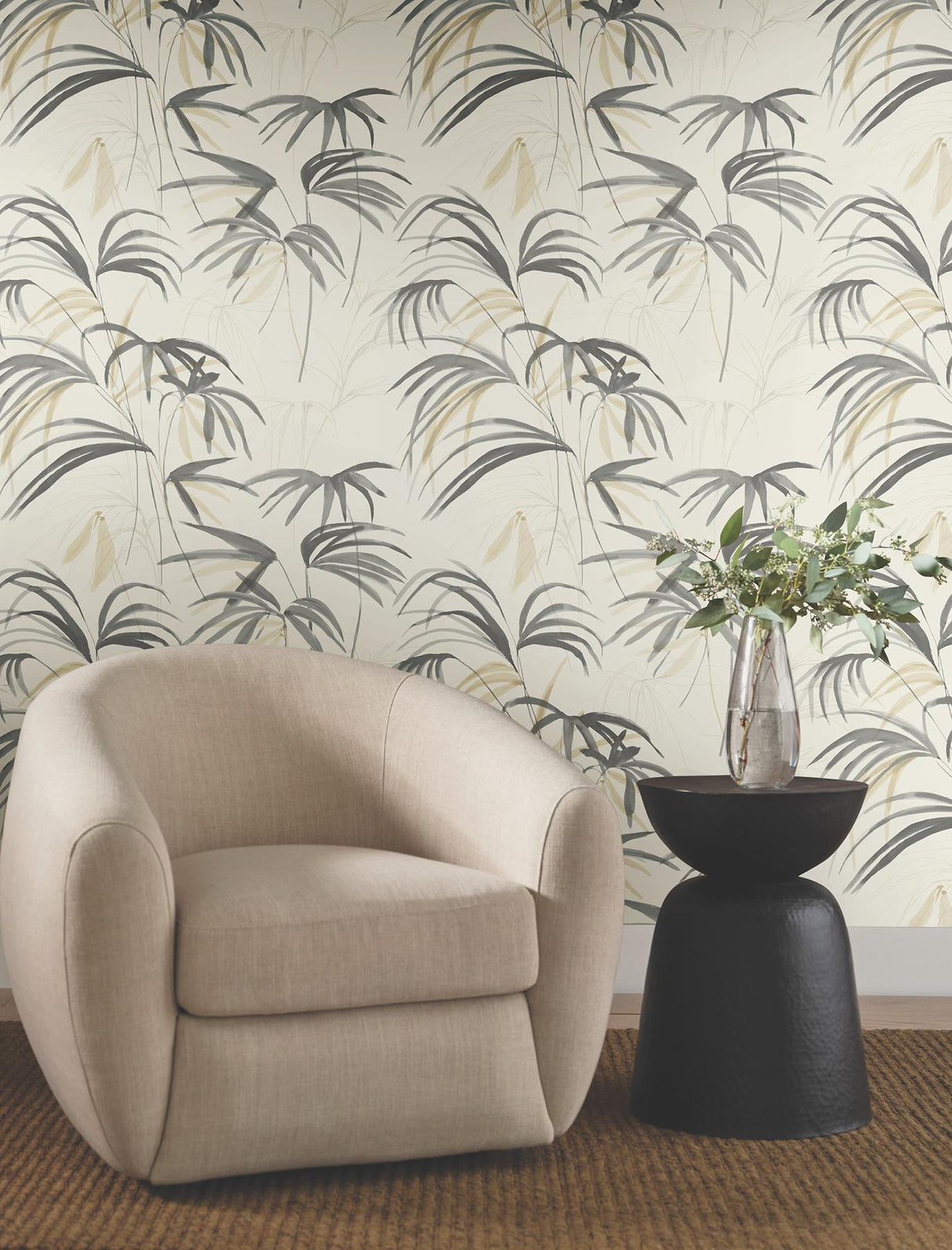 Candice Olson Inky Warm Neutral Palms Grey Wallpaper