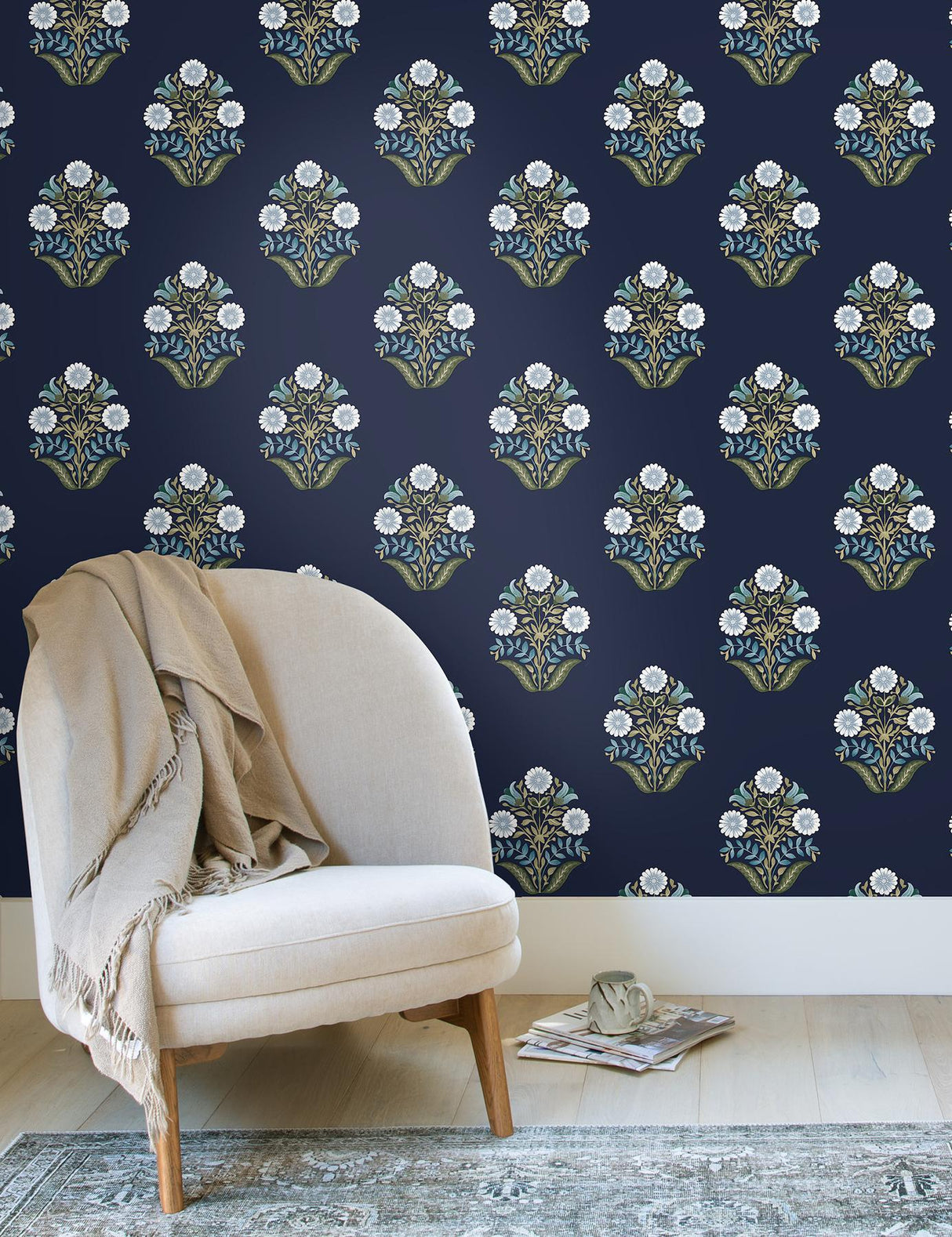 York Wallcoverings Sophie Navy Floral Medallion Peel & Stick Blue Wallpaper