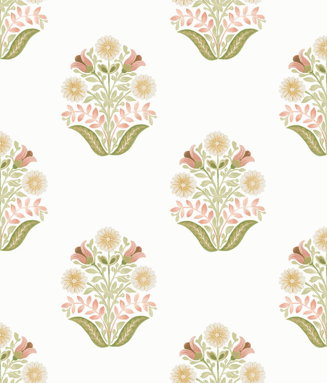York Wallcoverings Sophie Pink Floral Medallion Peel & Stick Green Wallpaper