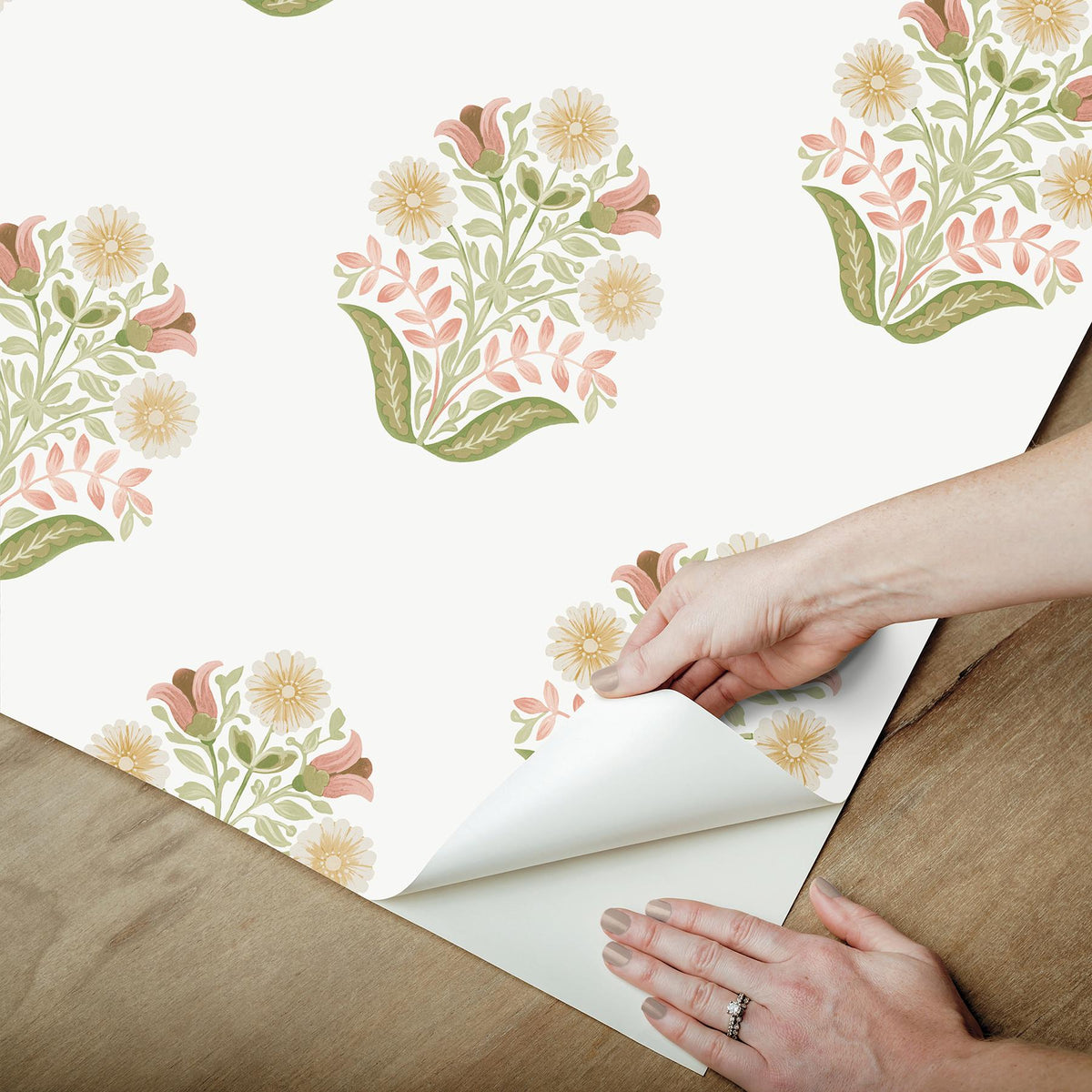 York Wallcoverings Sophie Pink Floral Medallion Peel & Stick Green Wallpaper