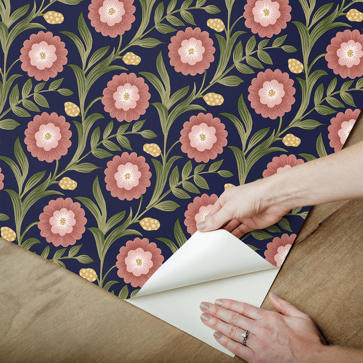 York Wallcoverings Lillian Blue Floral Vine Peel & Stick Pink Wallpaper