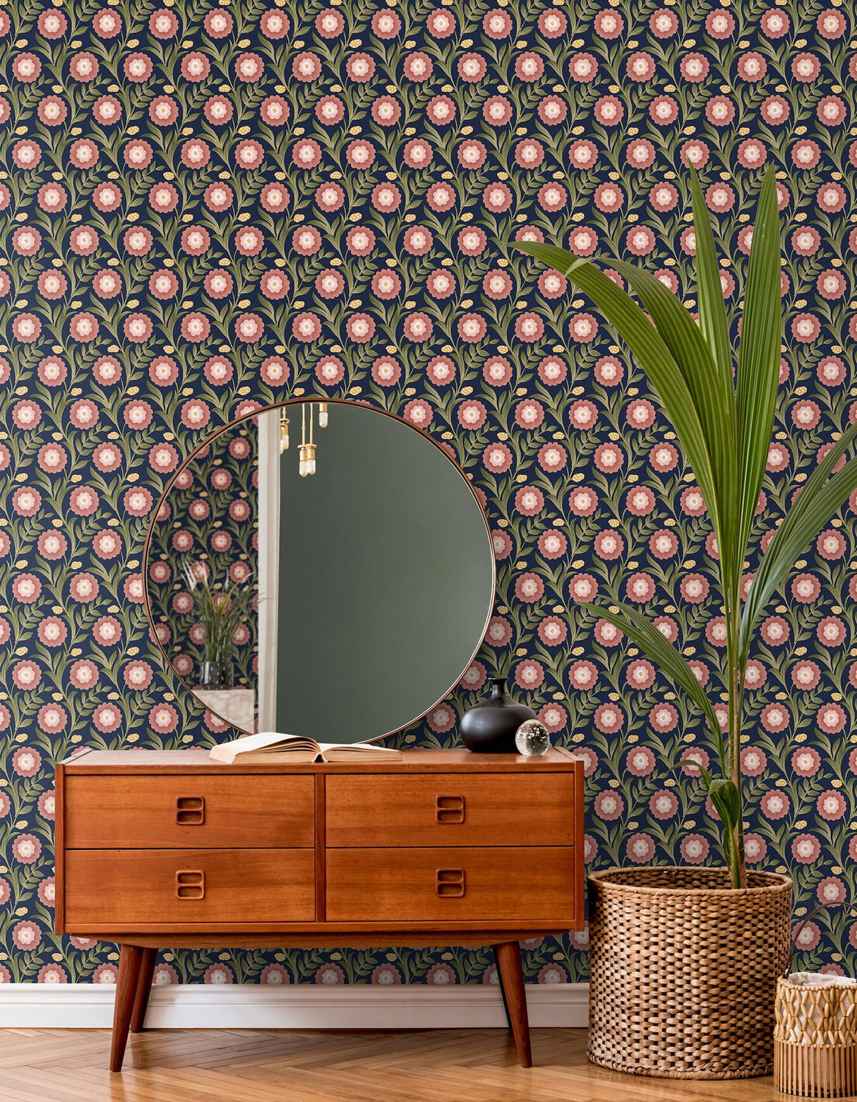 York Wallcoverings Lillian Blue Floral Vine Peel & Stick Pink Wallpaper
