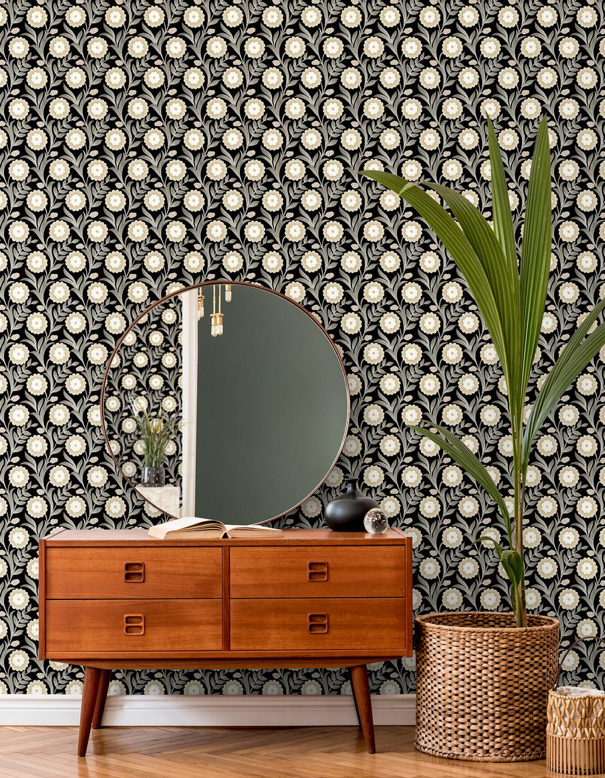York Wallcoverings Lillian Black Floral Vine Peel & Stick Beige Wallpaper