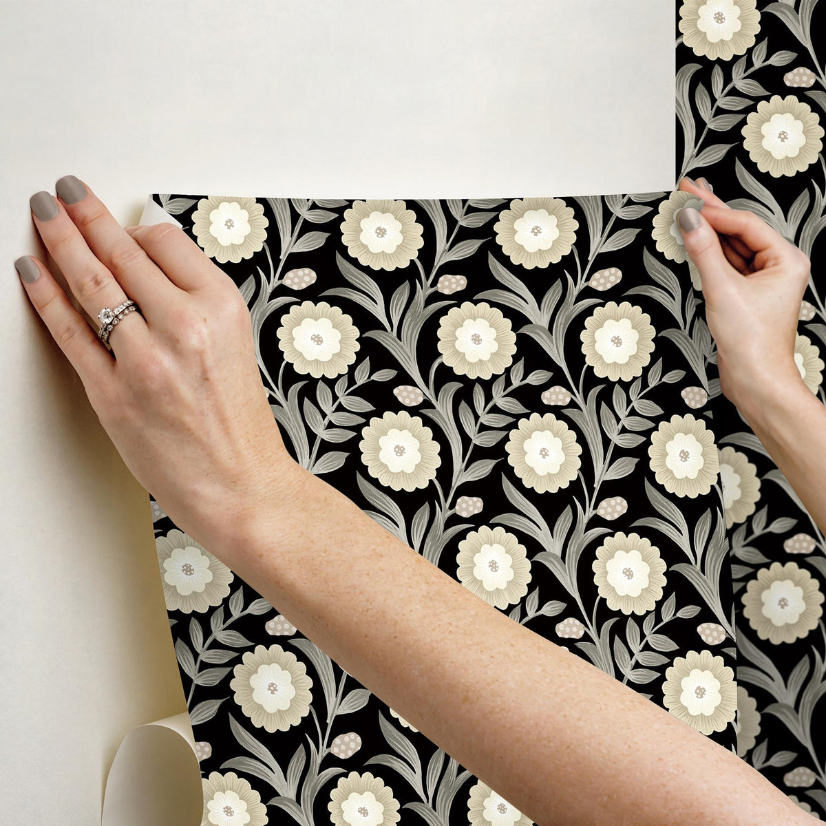 York Wallcoverings Lillian Black Floral Vine Peel & Stick Beige Wallpaper