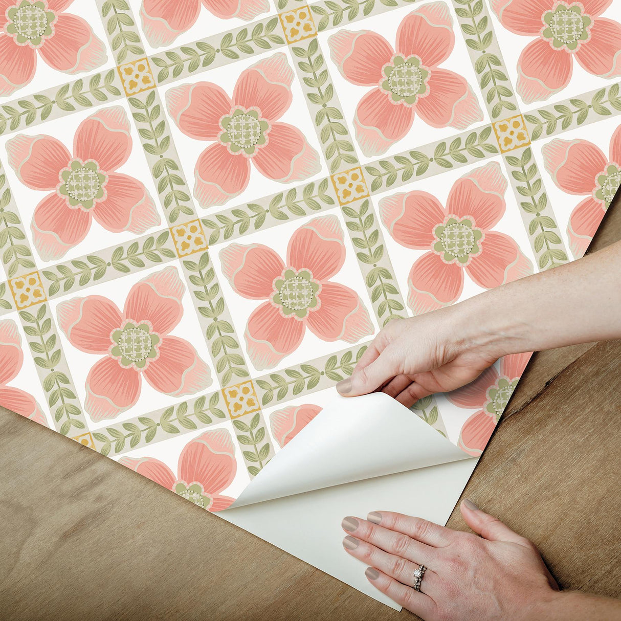 York Wallcoverings Mimi Coral Quilted Floral Peel & Stick Pink Wallpaper