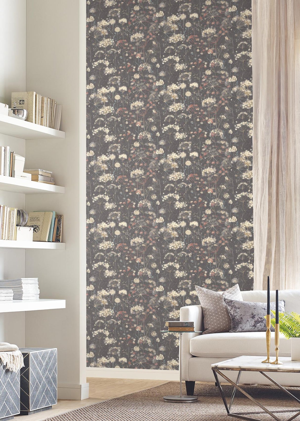 Candice Olson Botanical Fantasy Red & Blue Peel & Stick Grey Wallpaper