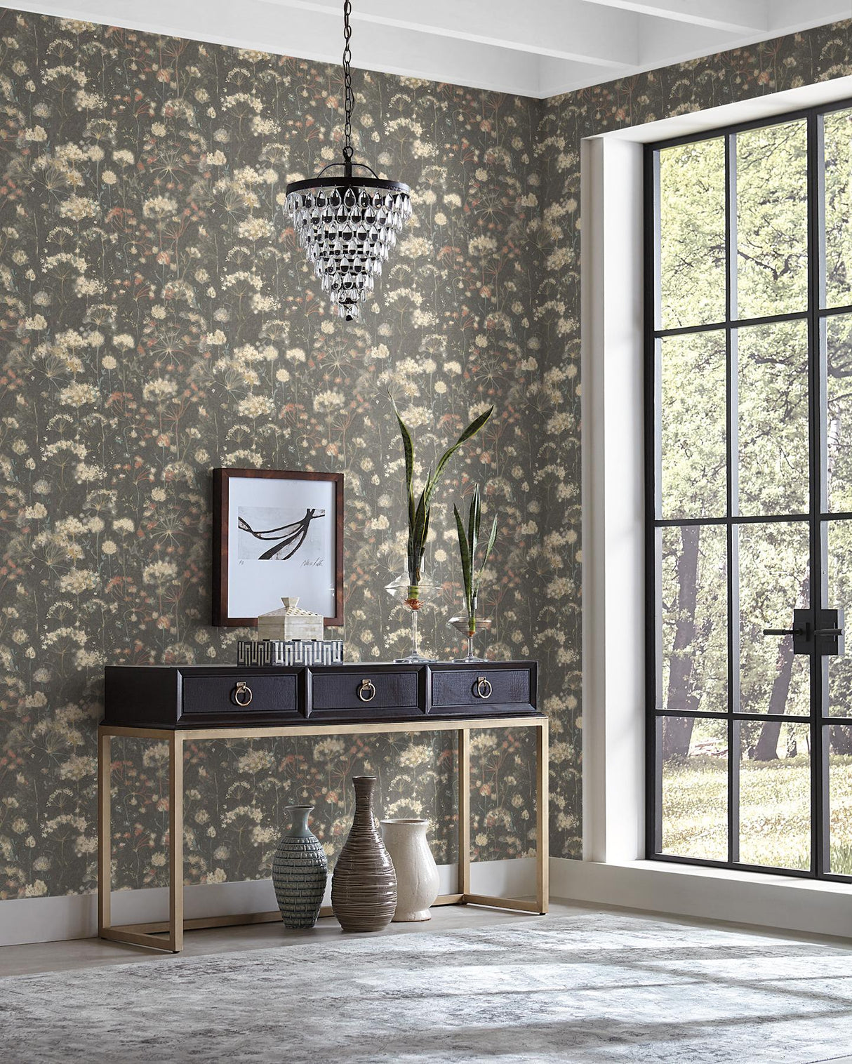 Candice Olson Botanical Fantasy Red & Blue Peel & Stick Grey Wallpaper