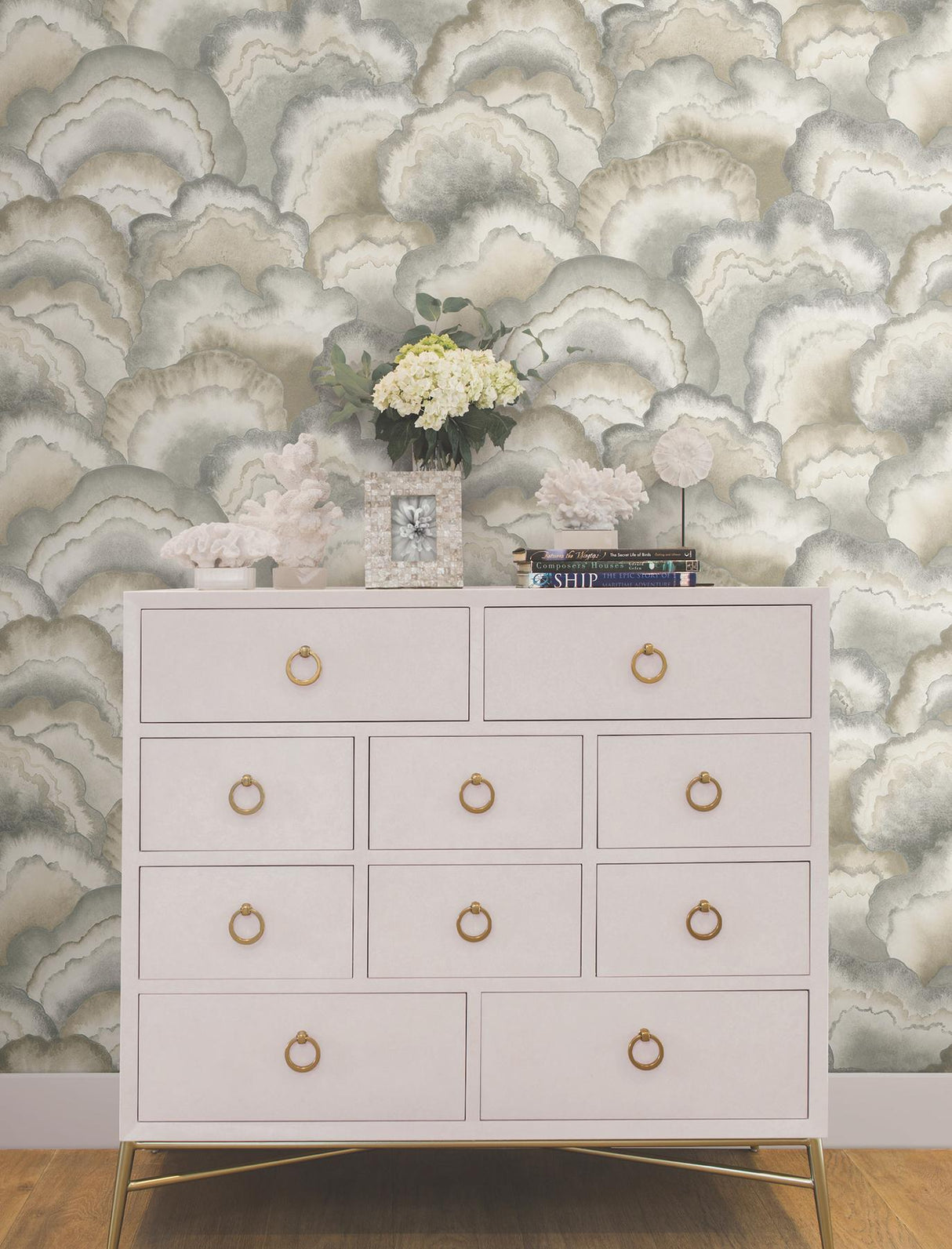 Candice Olson Abalone Fans Smokey Peel & Stick Grey Wallpaper