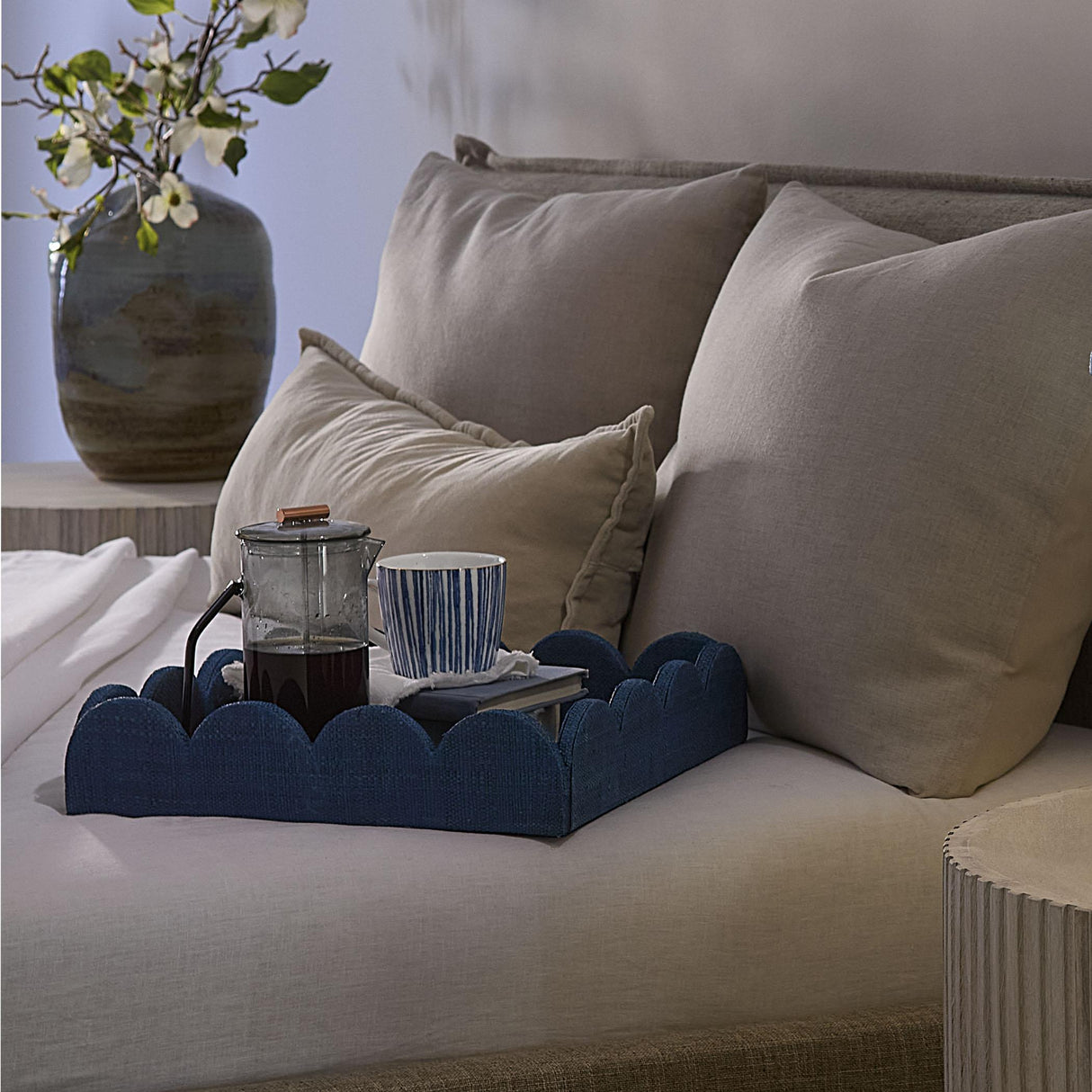 Jamie Young Wonderland Scalloped Small Decorative Raffia Tray, Indigo