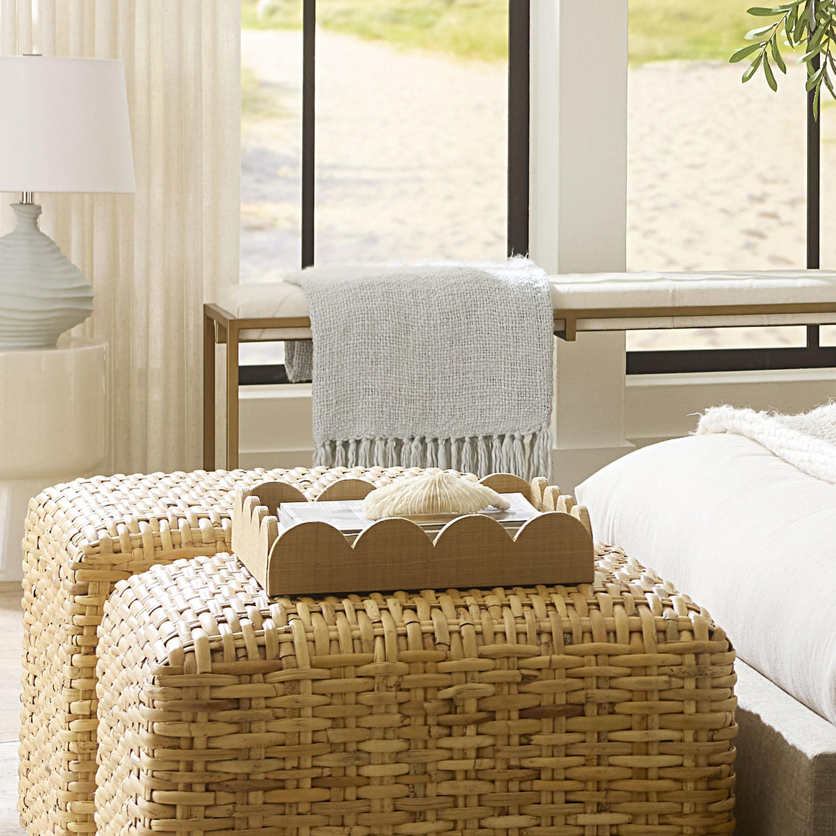 Jamie Young Wonderland Scalloped Small Decorative Raffia Tray, Natural