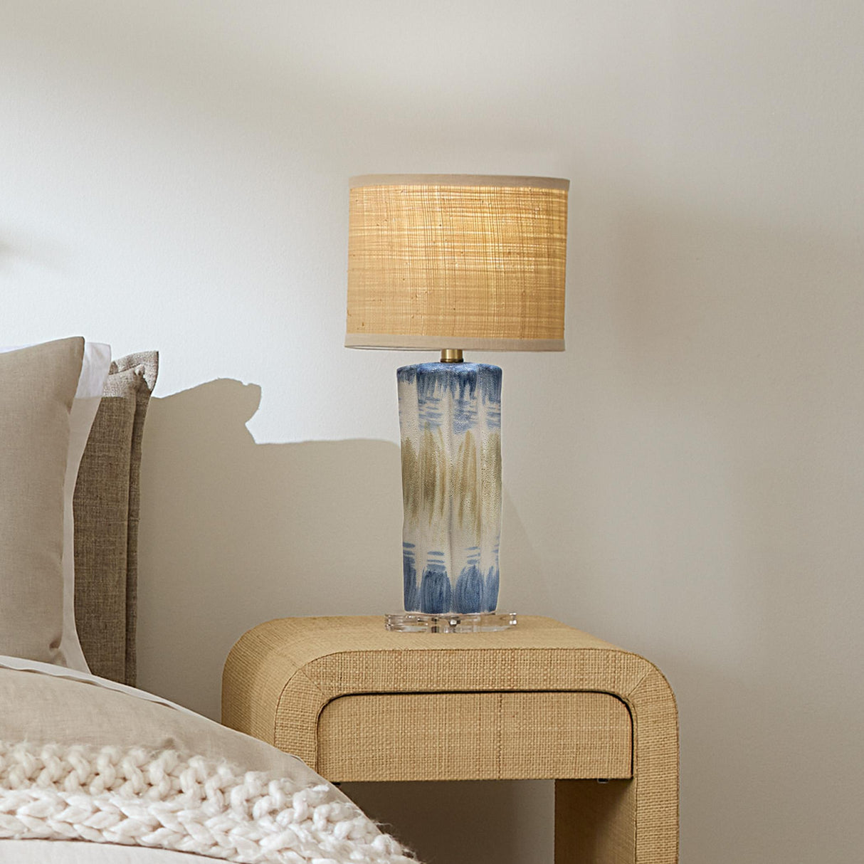 Jamie Young Abstract Ceramic Table Lamp with Raffia Shade