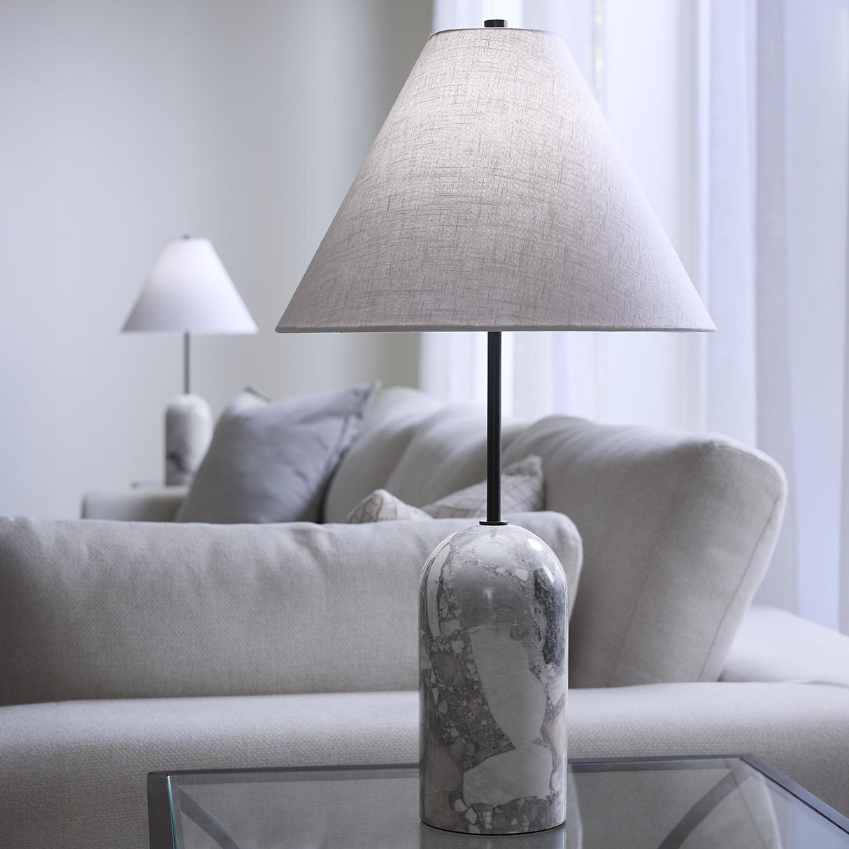 Jamie Young Holt Travertine Table Lamp with Linen Shade