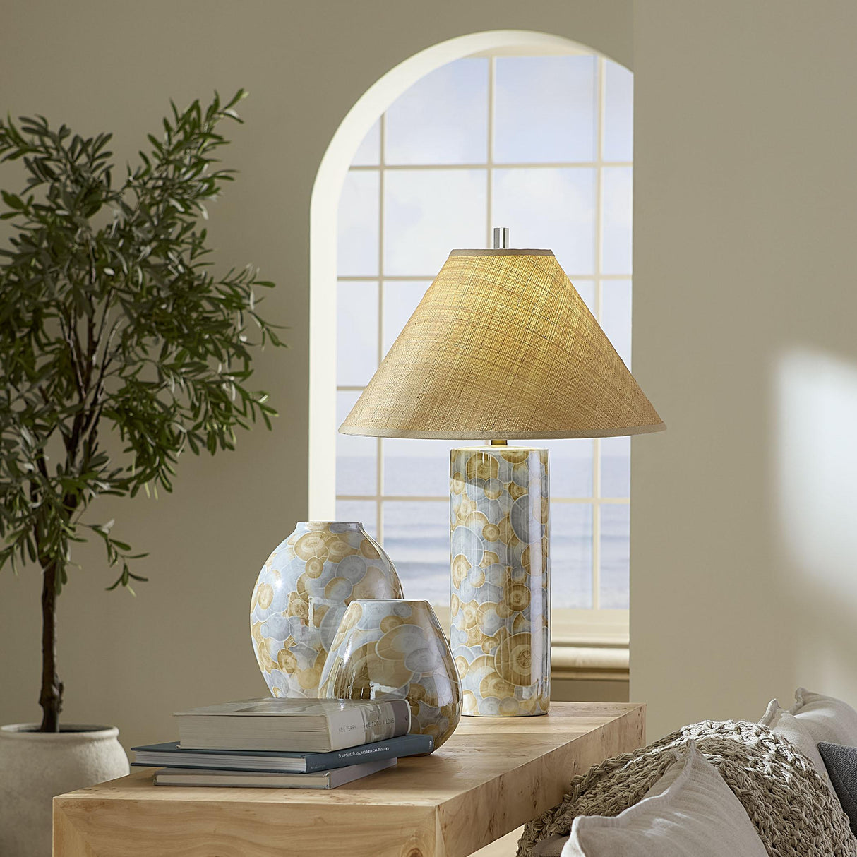 Jamie Young Serene Ceramic Table Lamp with Raffia Shade