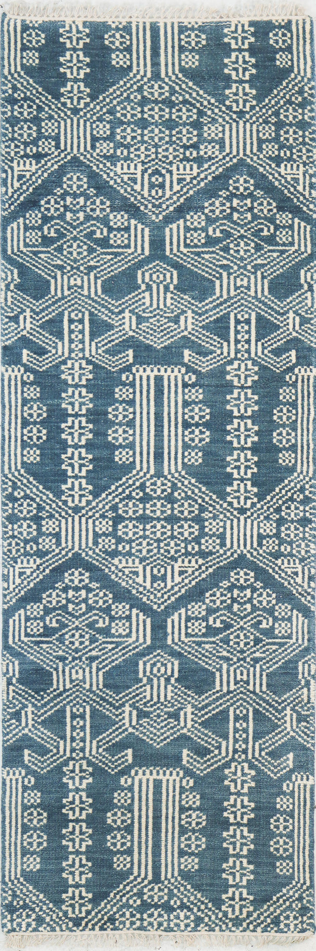 Bashian Artifact Hand Knotted 100% Wool Azure 2.5' x 8' Area Rug