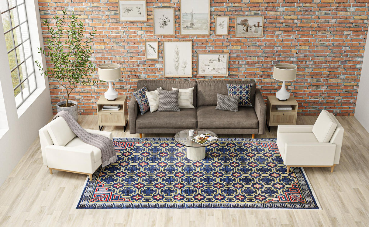 Bashian Artifact Hand Knotted 100% Wool Navy 2.5' x 8' Area Rug