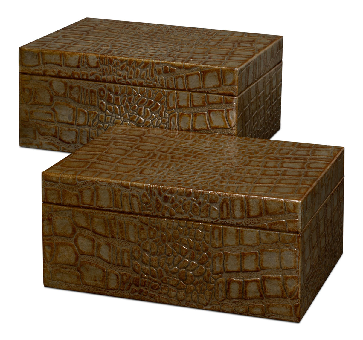 Sarreid Candece Leather Box Antique Green  S/2