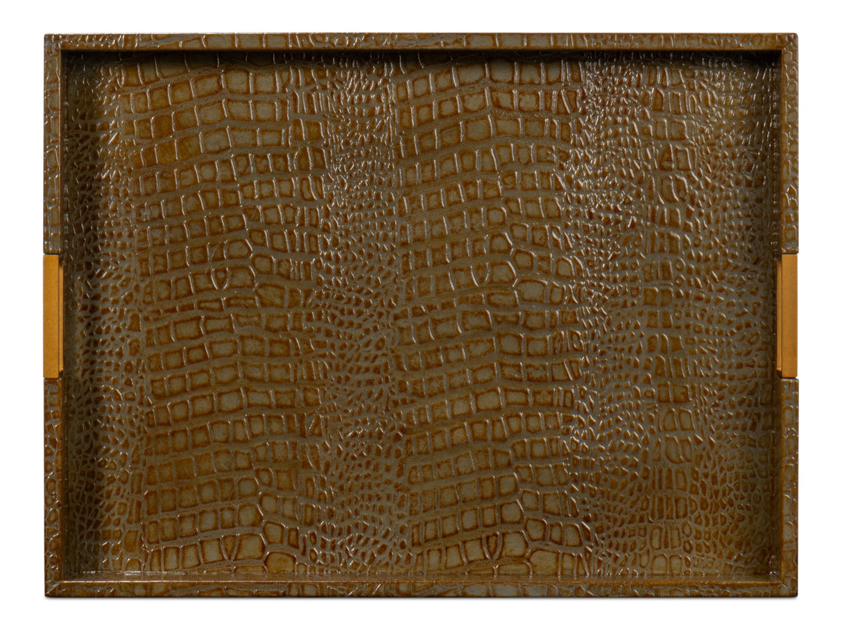 Sarreid Norton Leather Tray Croco Leather Ant Gr