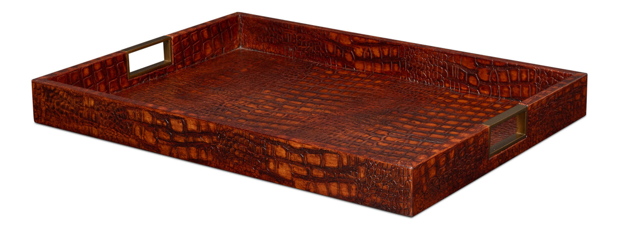 Sarreid Norton Leather Tray  Croco Leather  Tan