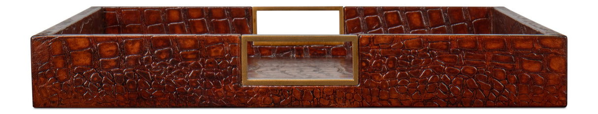 Sarreid Norton Leather Tray  Croco Leather  Tan