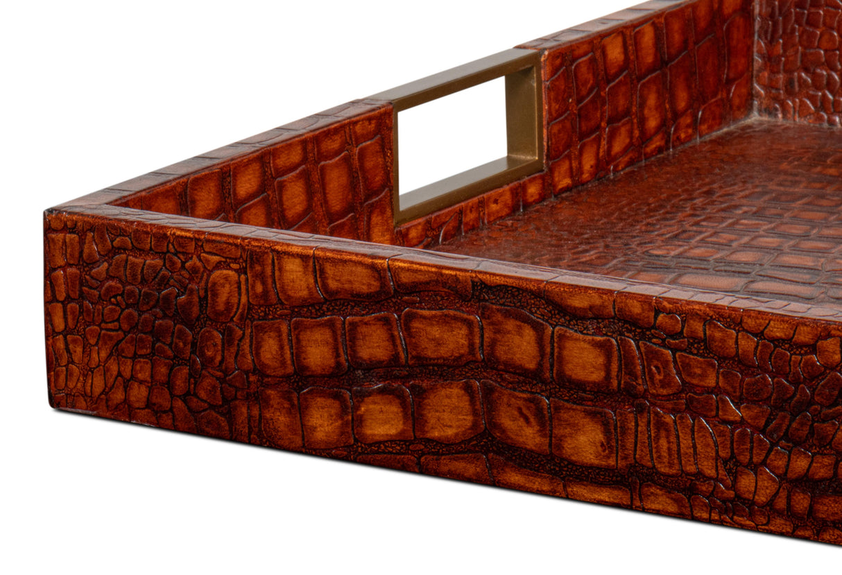 Sarreid Norton Leather Tray  Croco Leather  Tan