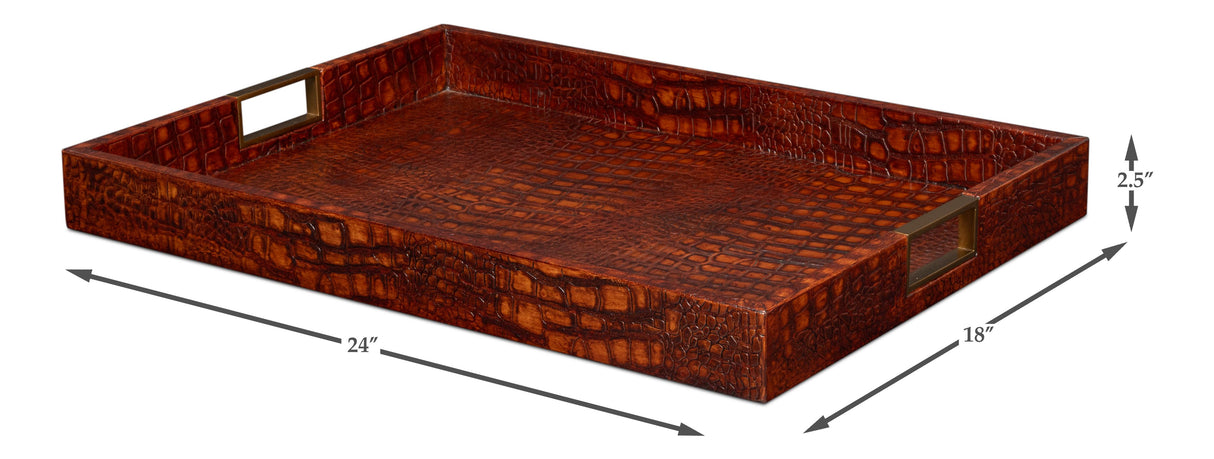 Sarreid Norton Leather Tray  Croco Leather  Tan