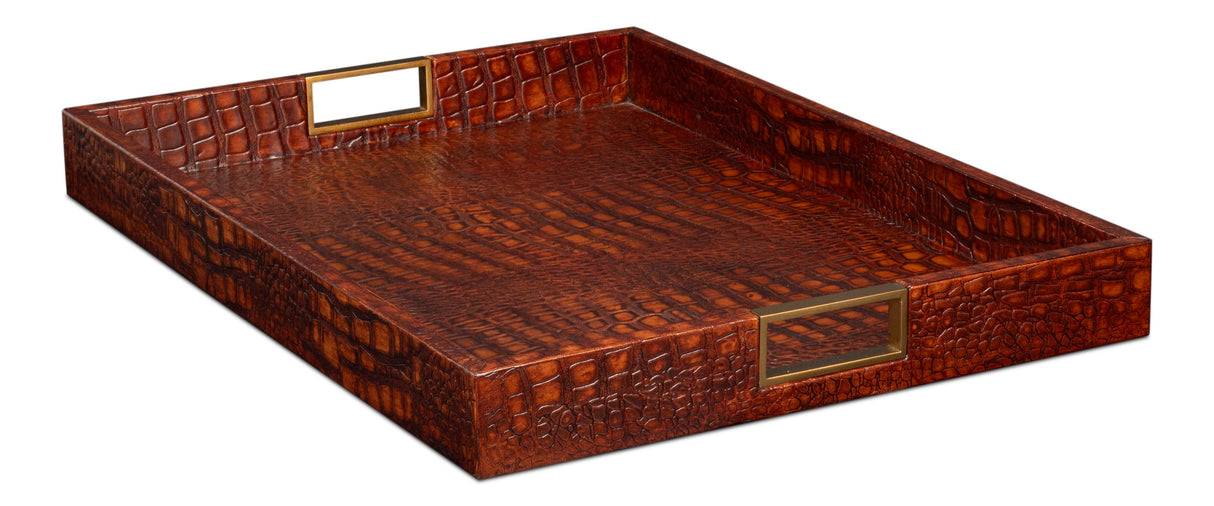 Sarreid Norton Leather Tray  Croco Leather  Tan