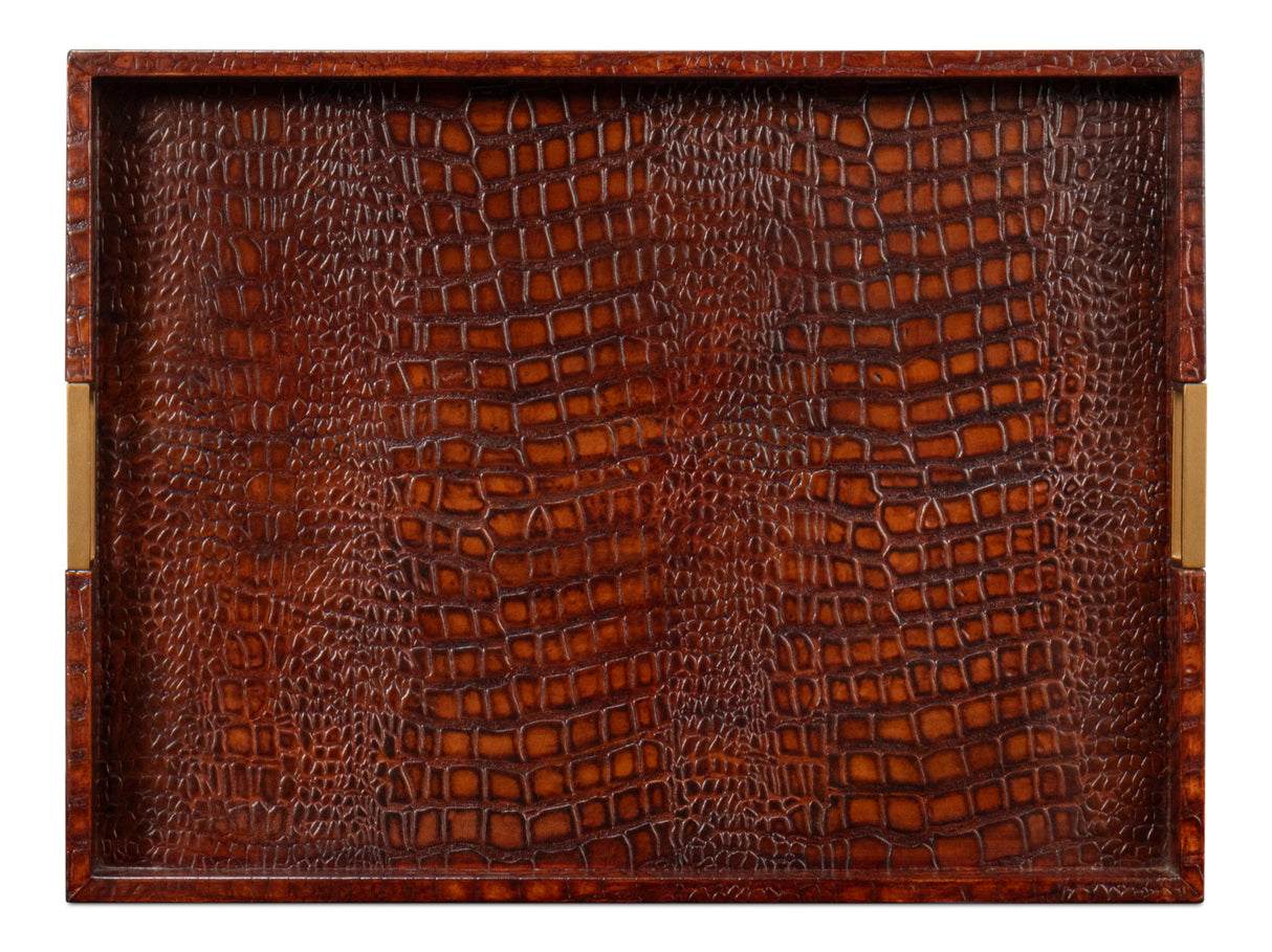 Sarreid Norton Leather Tray  Croco Leather  Tan