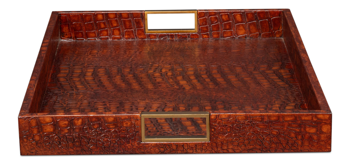 Sarreid Norton Leather Tray  Croco Leather  Tan
