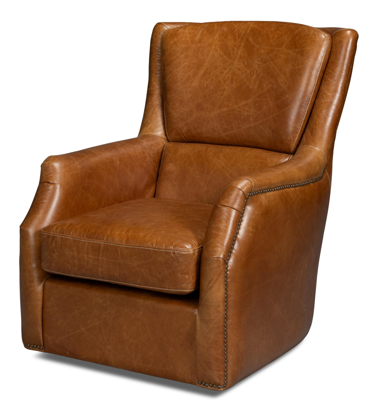 Sarreid Baker Leather Swivel Chair  Cuba Brown