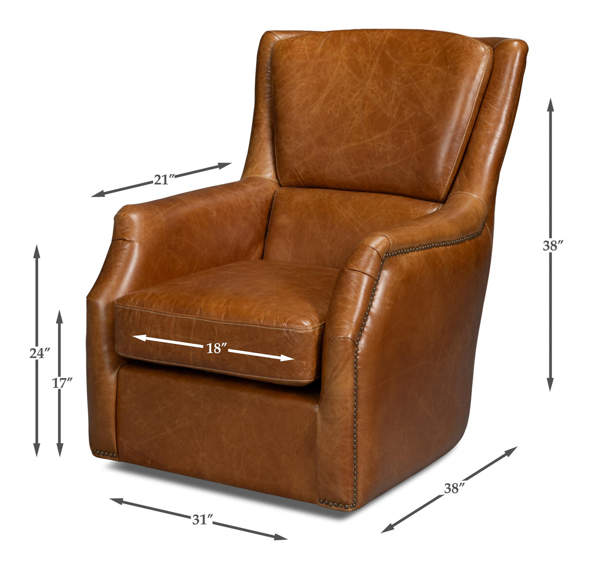 Sarreid Baker Leather Swivel Chair  Cuba Brown