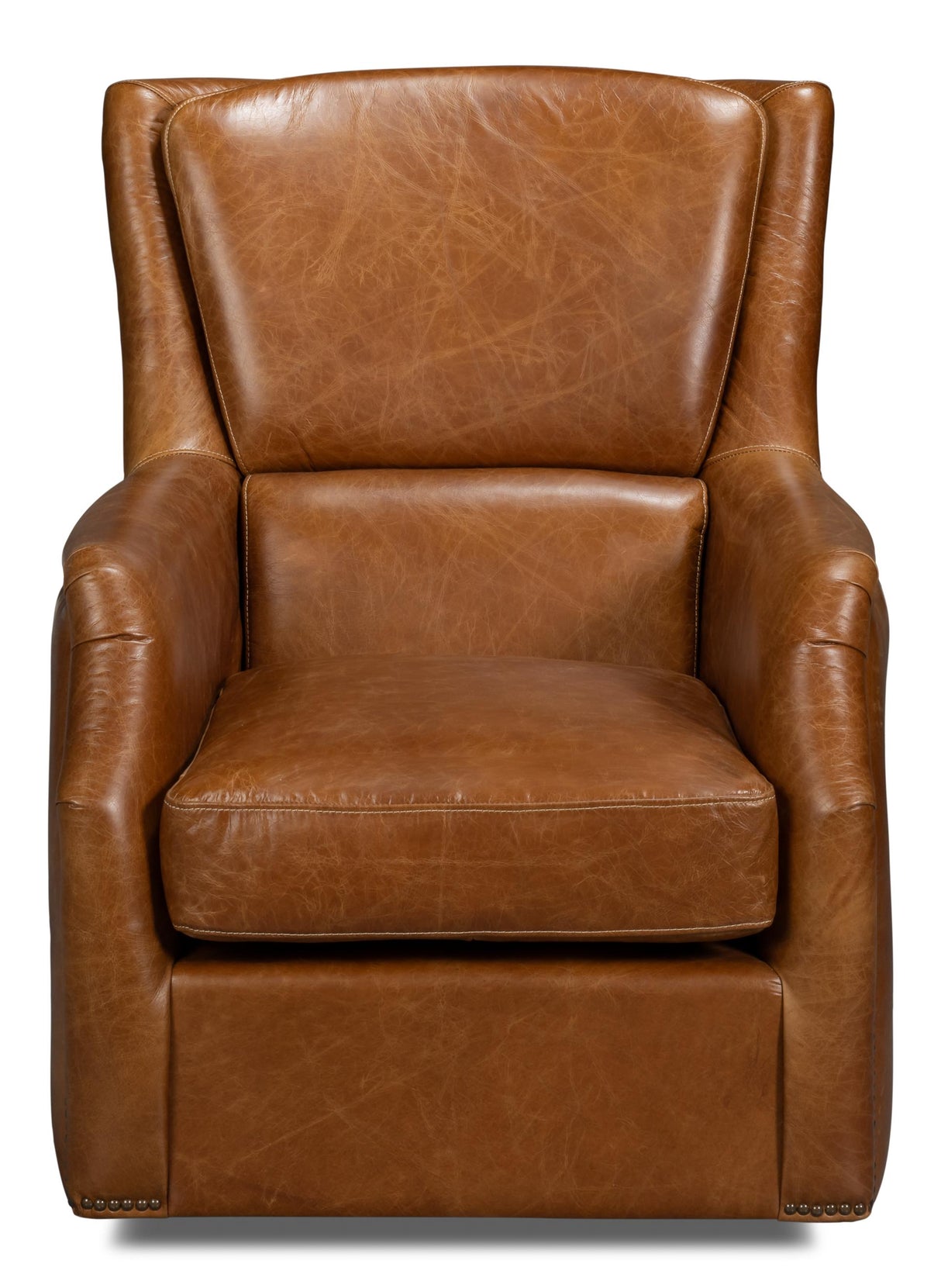 Sarreid Baker Leather Swivel Chair  Cuba Brown