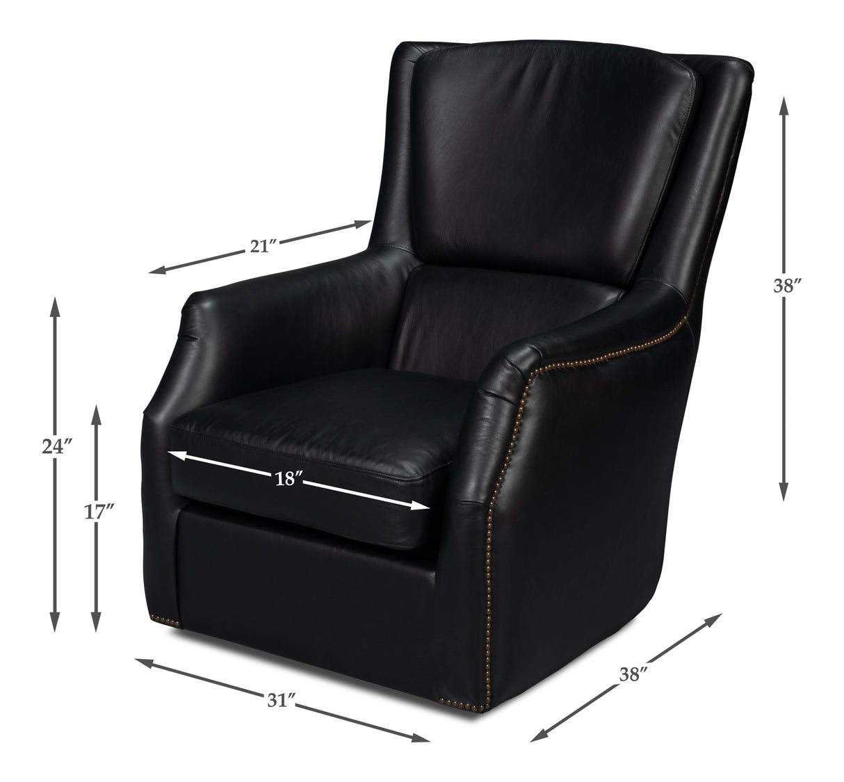 Sarreid Baker Leather Swivel Chair  Onyx Black