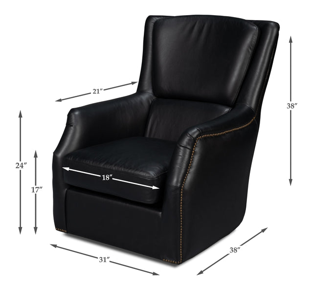 Sarreid Baker Leather Swivel Chair  Onyx Black