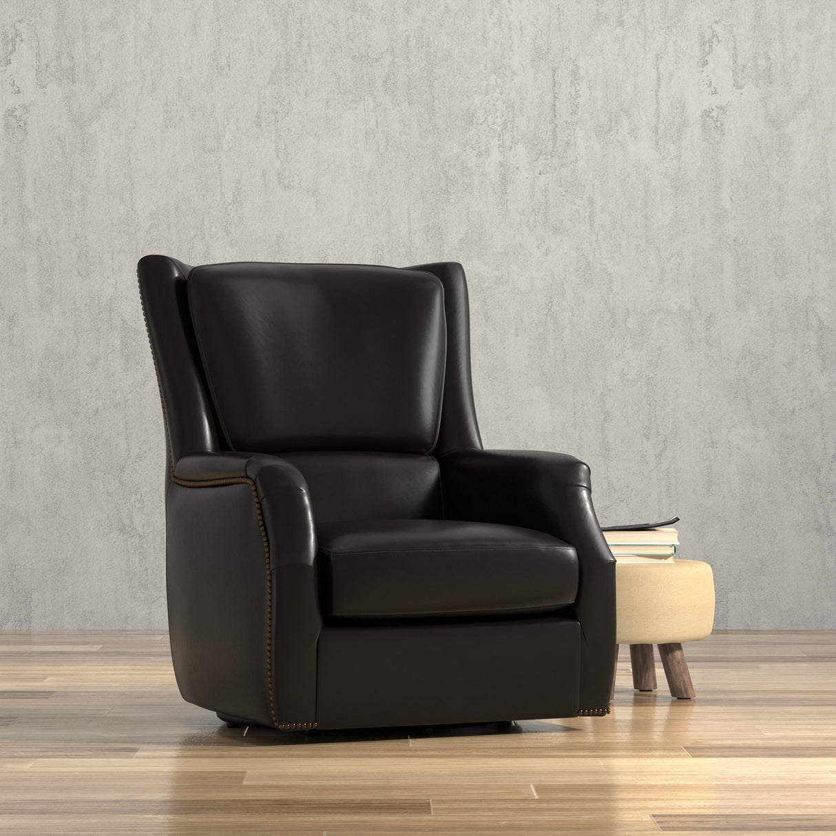 Sarreid Baker Leather Swivel Chair  Onyx Black