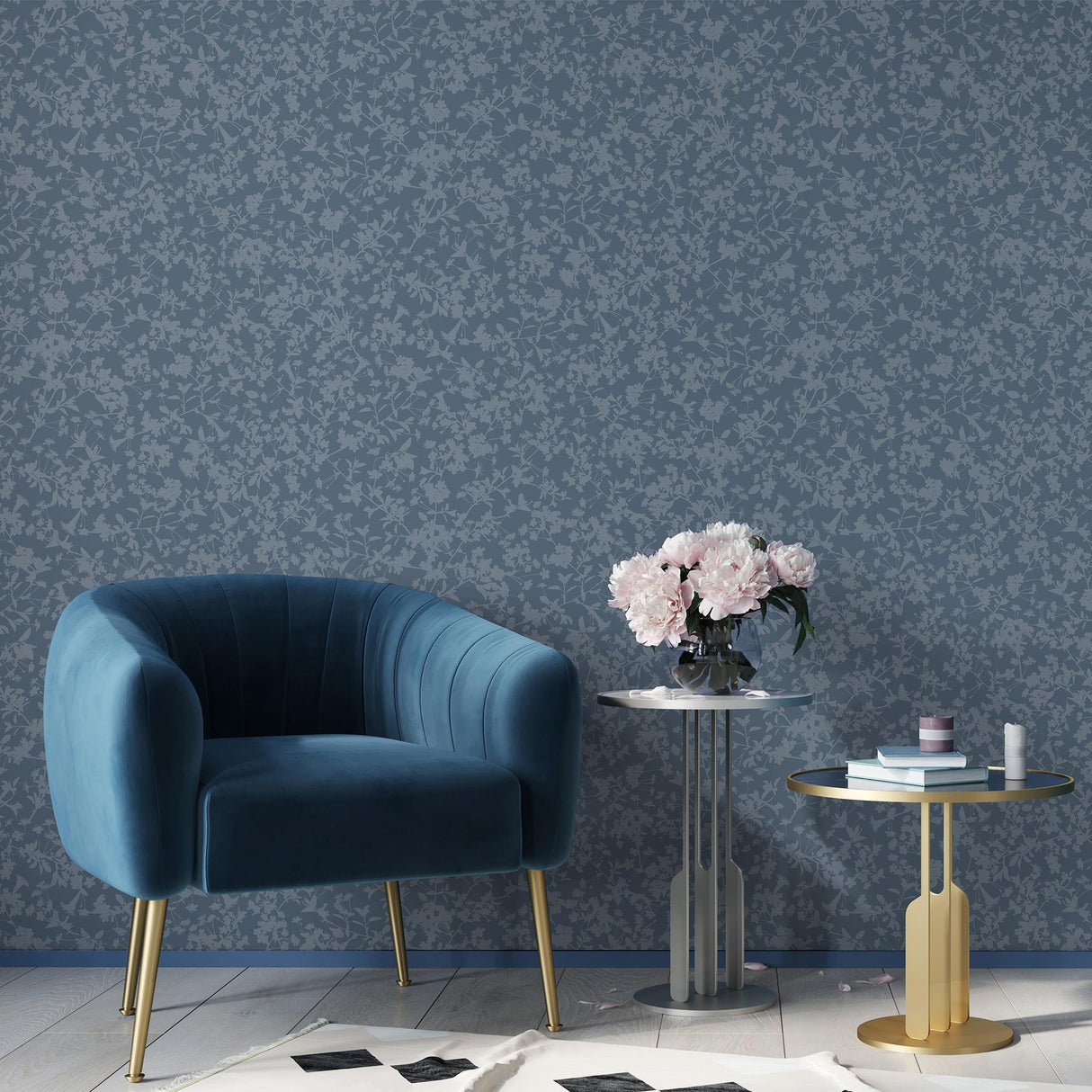 DecoratorsBest Shimmering Floral Canopy on Foil Blue Wallpaper